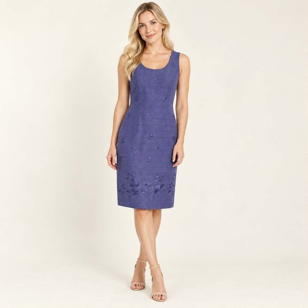 Monsoon Silk Linen Dress US 8 Purple Embroidered Floral Sheath Midi Lined